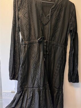 Italian cotton Black Eyelet Mini Dress with Tie Waist